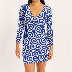 Diane Von Furstenberg Long Sleeve Silk Mini Dress in Blue White Swirls